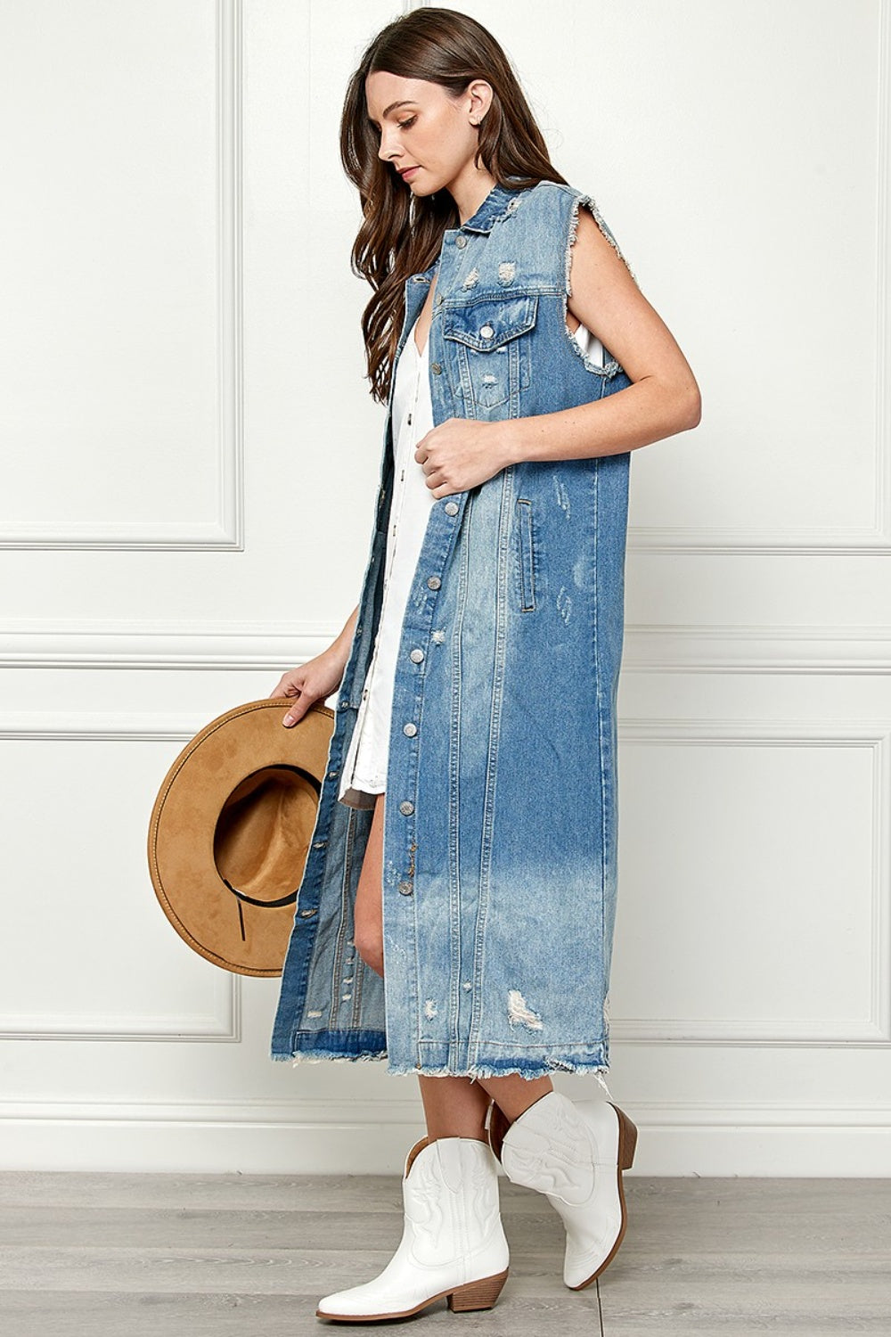 VEVERET Full Size Distressed Sleeveless Longline Denim Jacket