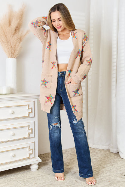 DOUBLE TAKE Star Pattern Open Front Longline Cardigan