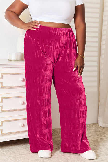 DOUBLE TAKE Full Size Deep Rose High Waist Tiered Shirring Velvet Wide Leg Pants