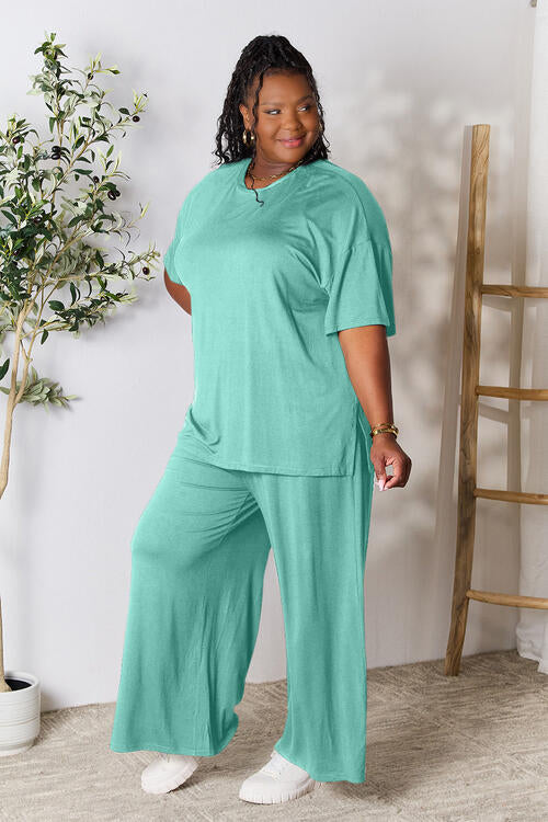 DOUBLE TAKE Full Size Round Neck Slit Top and Wide-leg Pants Lounge Set