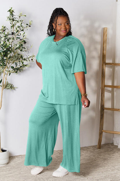 DOUBLE TAKE Full Size Round Neck Slit Top and Wide-leg Pants Lounge Set