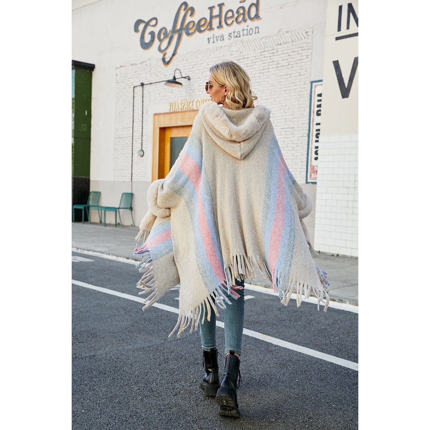 Color Block Fringe Detail Poncho