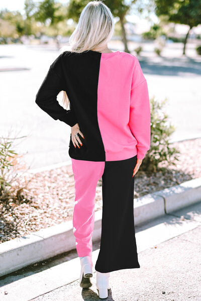 Pink/Black Color Block Round Neck Sweatshirt and Pants Set