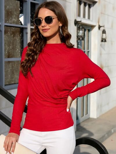 IZURIA Warm Red Side-Ruched Long Sleeve Top