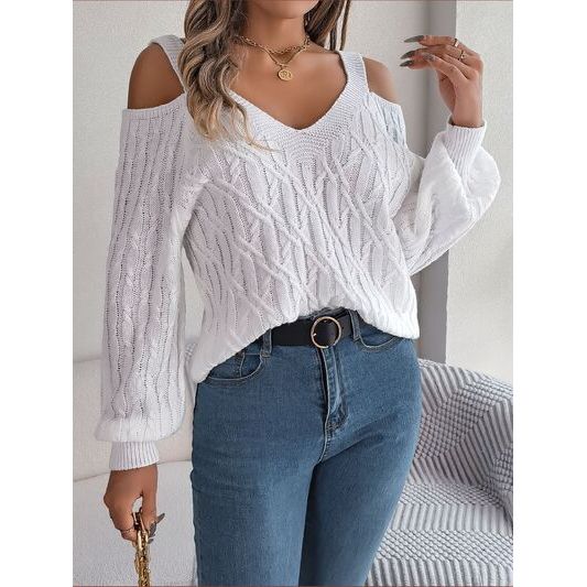 Cable-Knit Cold Shoulder Long Sleeve Sweater