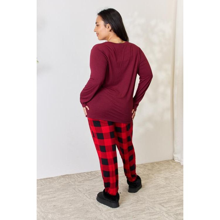 ZENANA Full Size Plaid Round Neck Top and Pants Pajama Set