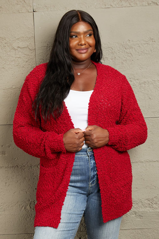 ZENANA Falling For You Full Size Open Front Popcorn Cardigan