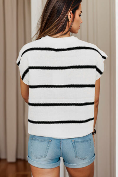 Striped Round Neck Cap Sleeve Sweater Top