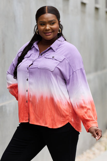 WHITE BIRCH Relaxed Fit Lavender Tie-Dye Button Down Top