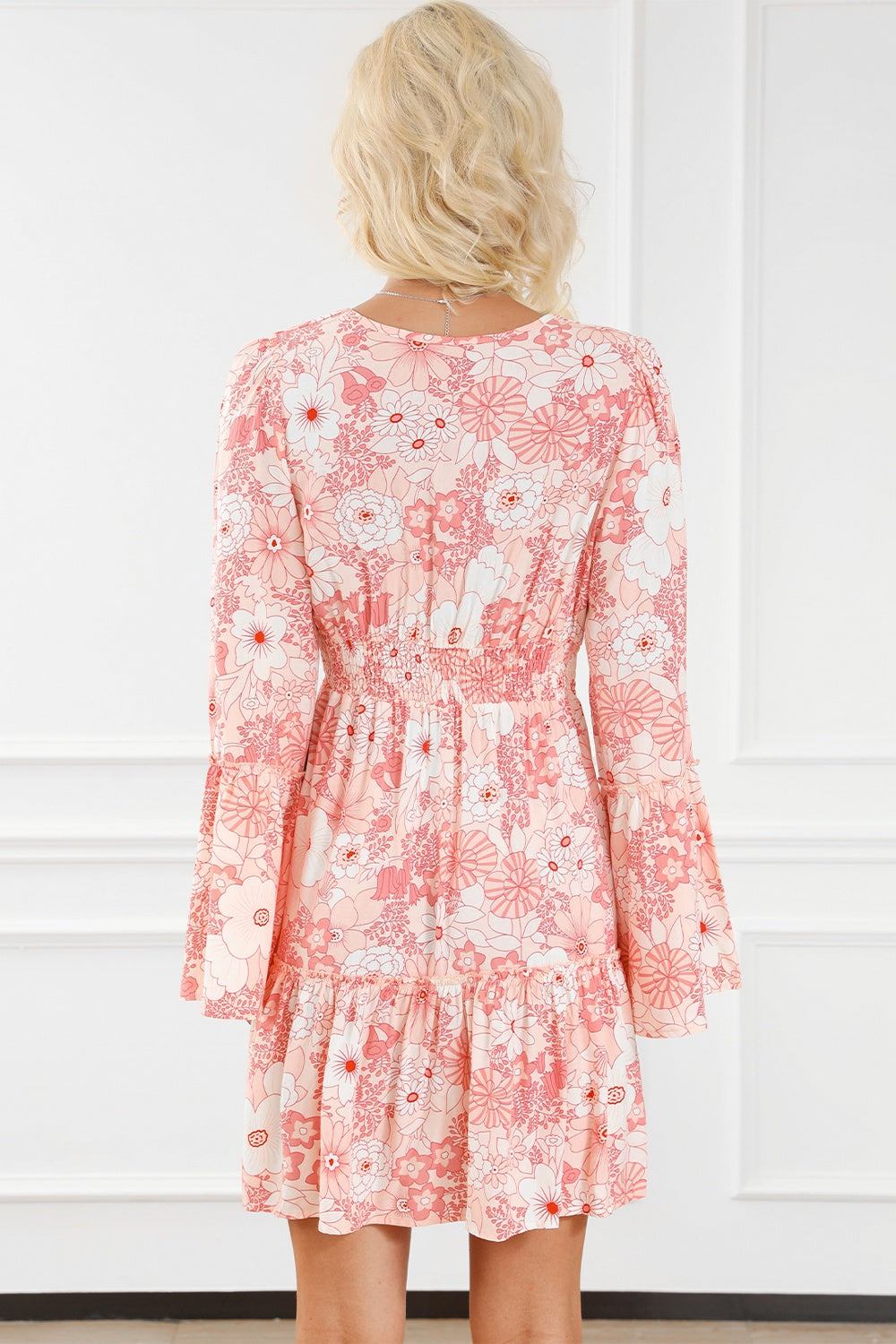 Smocked Floral Mini Dress with Flare Sleeves