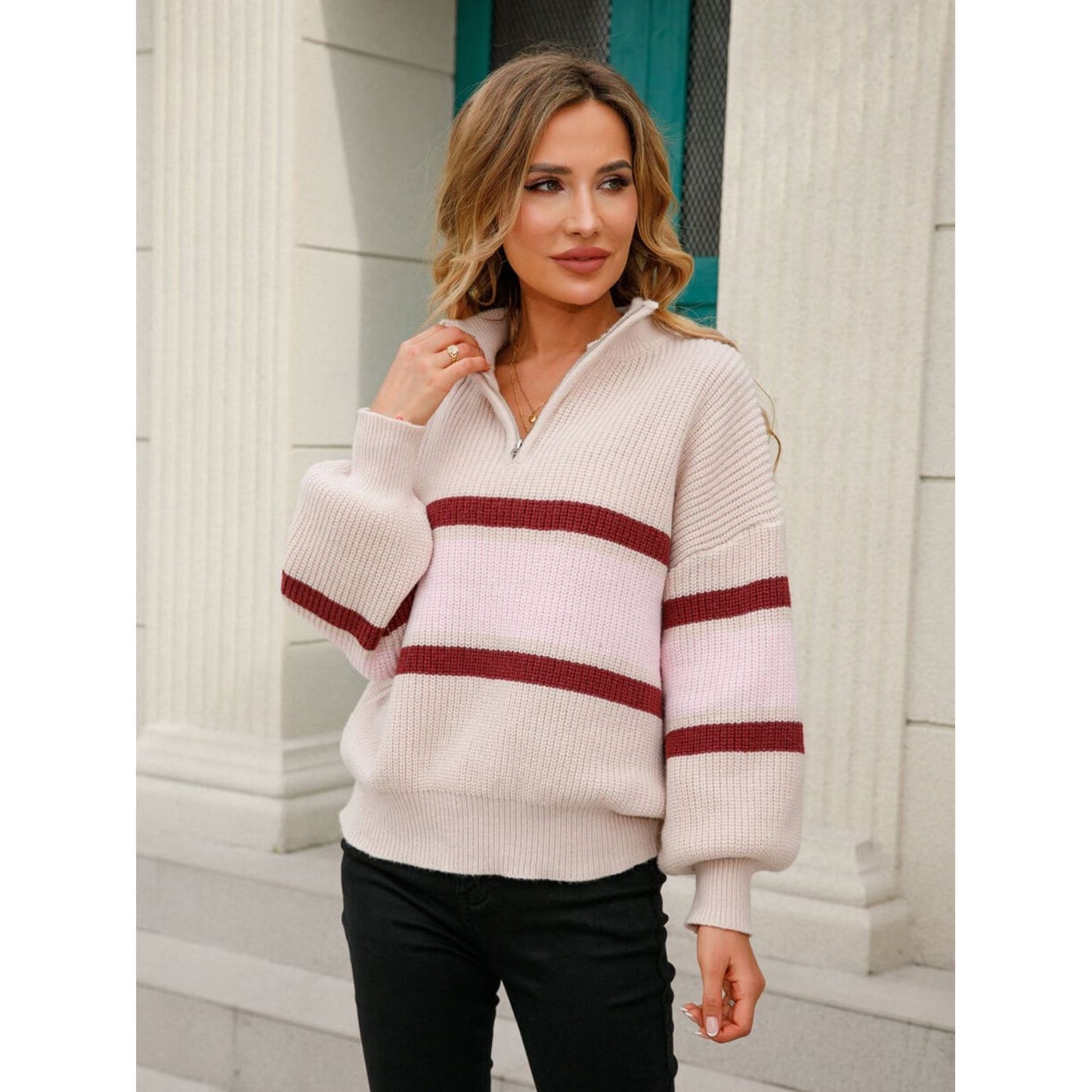 Striped Quarter-Zip Lantern Sleeve Sweater