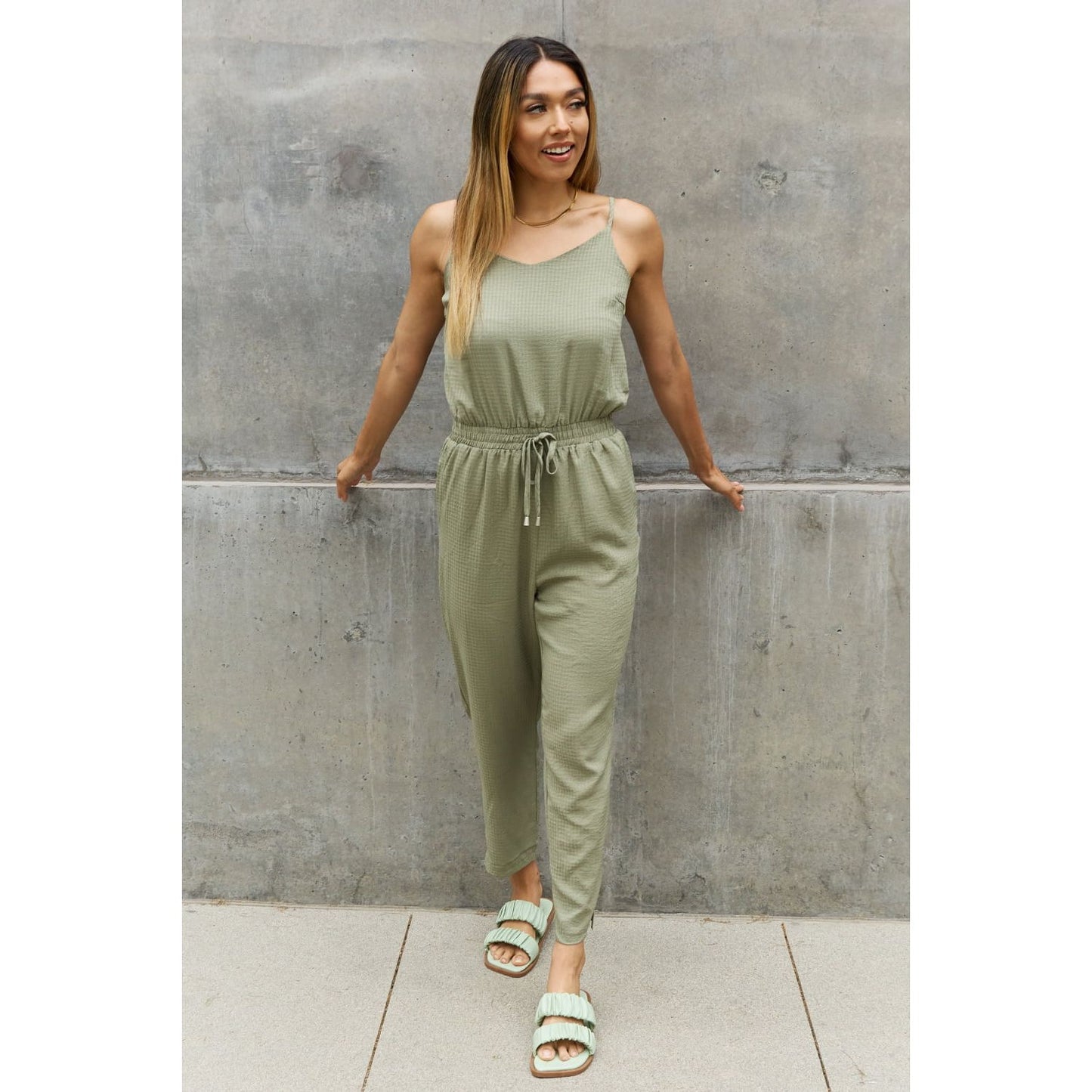 ODDI Full Size Textured Woven Jumpsuit in Sage