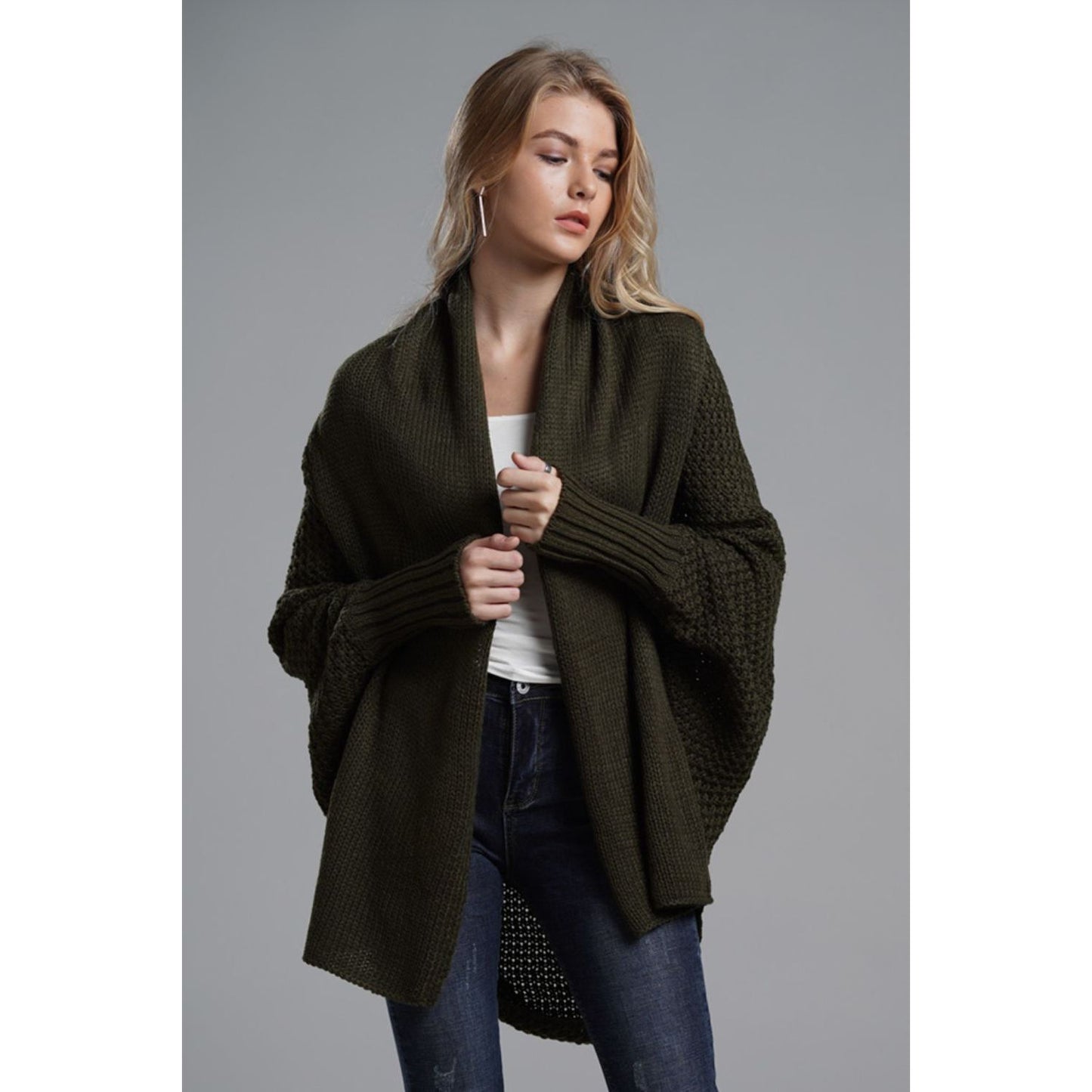 DOUBLE TAKE  Dolman Sleeve Open Front Ribbed Trim Longline Cardigan