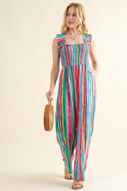 AND THE WHY Full Size Striped Smocked Sleeveless Jumpsuit/ S-3XL