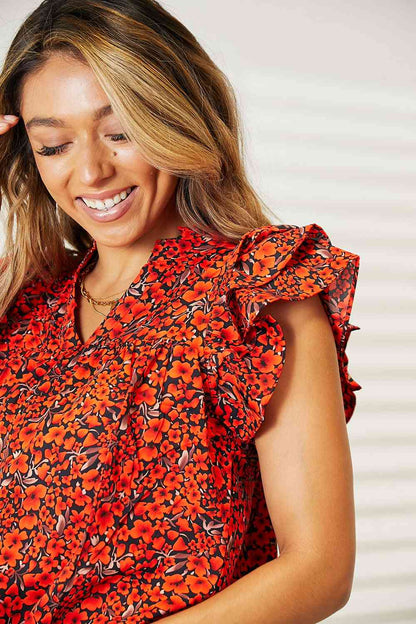 DOUBLE TAKE Floral Flutter Sleeve Notched Neck Blouse