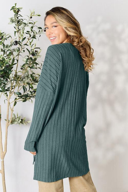 BASIC BAE Full Size Ribbed Round Neck Long Sleeve Slit Top/ S-3XL