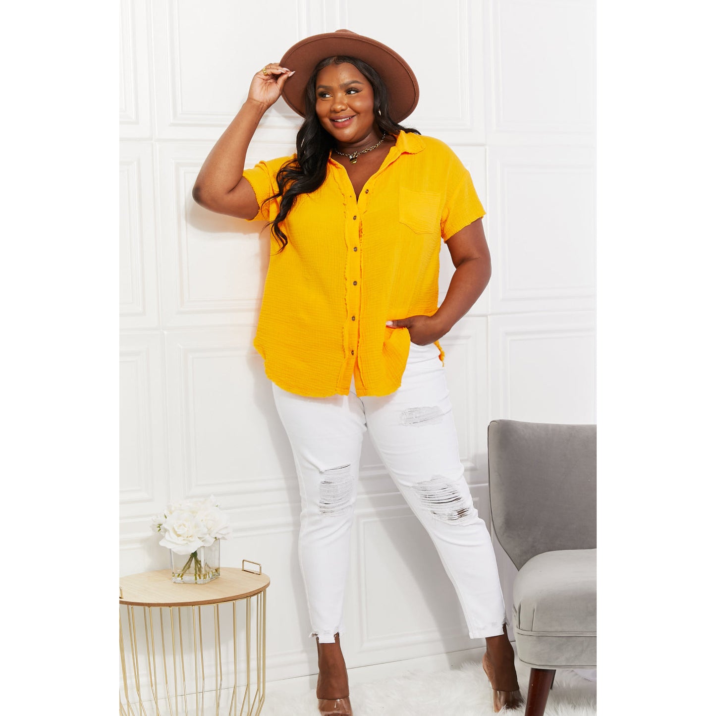 ZENANA Full Size Summer Breeze Gauze Short Sleeve Shirt in Mustard