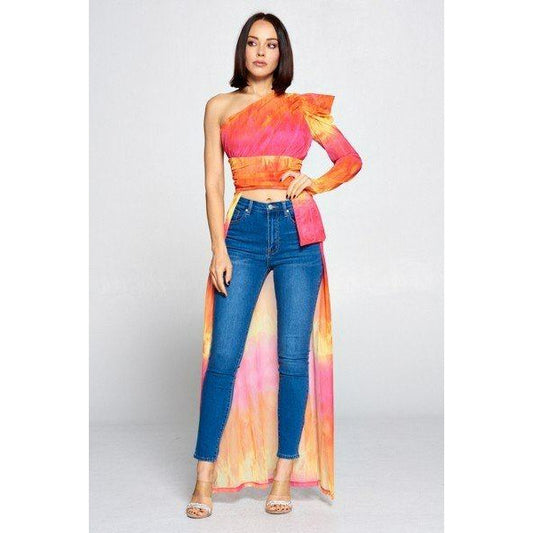 Stylish Tie Dye One Shoulder Top with Maxi Back