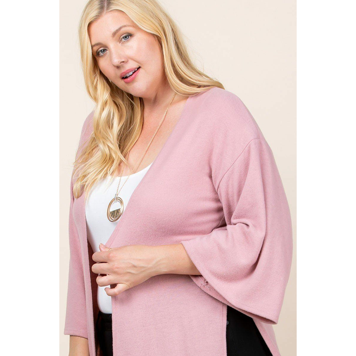 Cardigan Long en Hacci Solide de Grande Taille Ouvert sur le Devant avec Manches Cloche