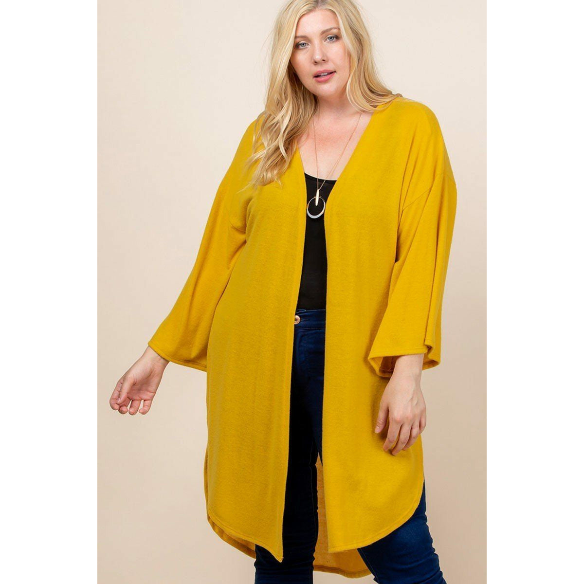 Plus Size Solid Hacci Brush Open Front Long Cardigan With Bell Sleeves