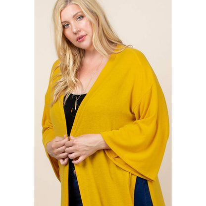 Plus Size Solid Hacci Brush Open Front Long Cardigan With Bell Sleeves