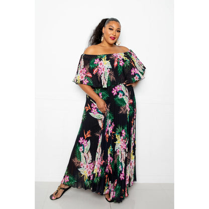 Robe longue plissée à imprimé tropical et épaules dénudées