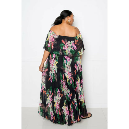 Robe longue plissée à imprimé tropical et épaules dénudées