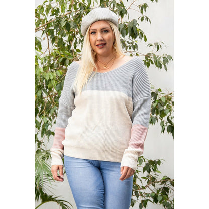 Open Twisted Back Plus-size Color Block Boat-Neck Sweater