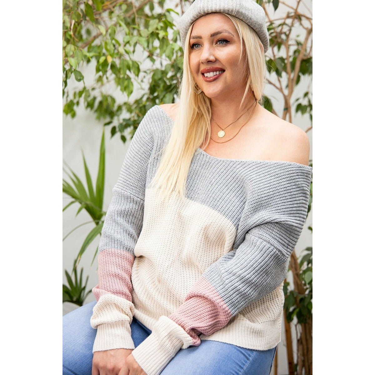 Open Twisted Back Plus-size Color Block Boat-Neck Sweater