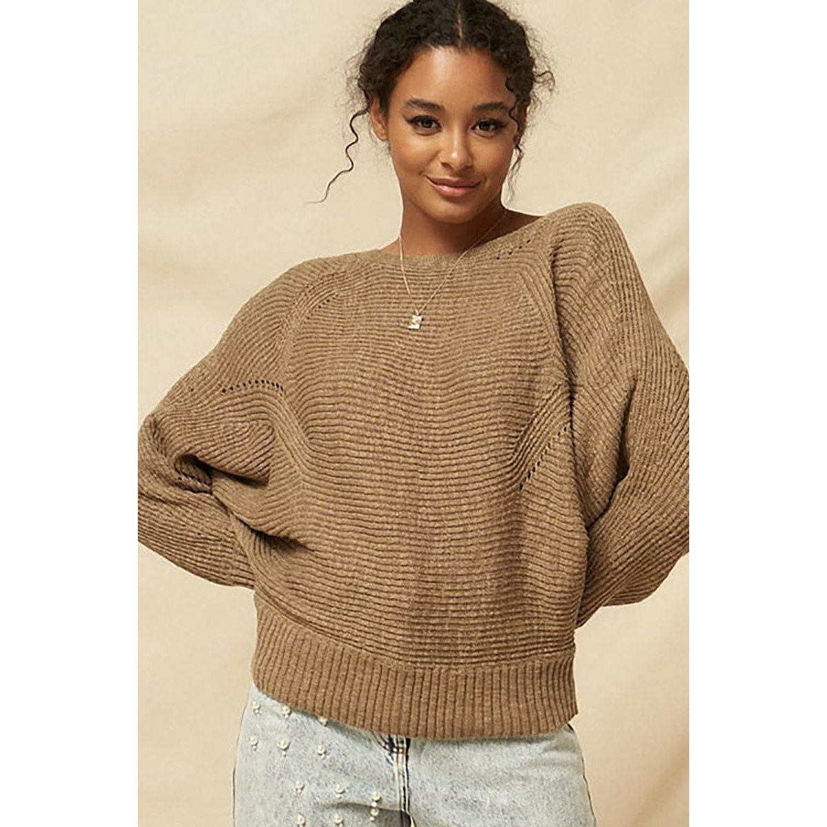 Brown Funky Ribbed Knit Sweater