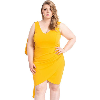 Yellow Back Shoulder Cape Plus Size Mini dress