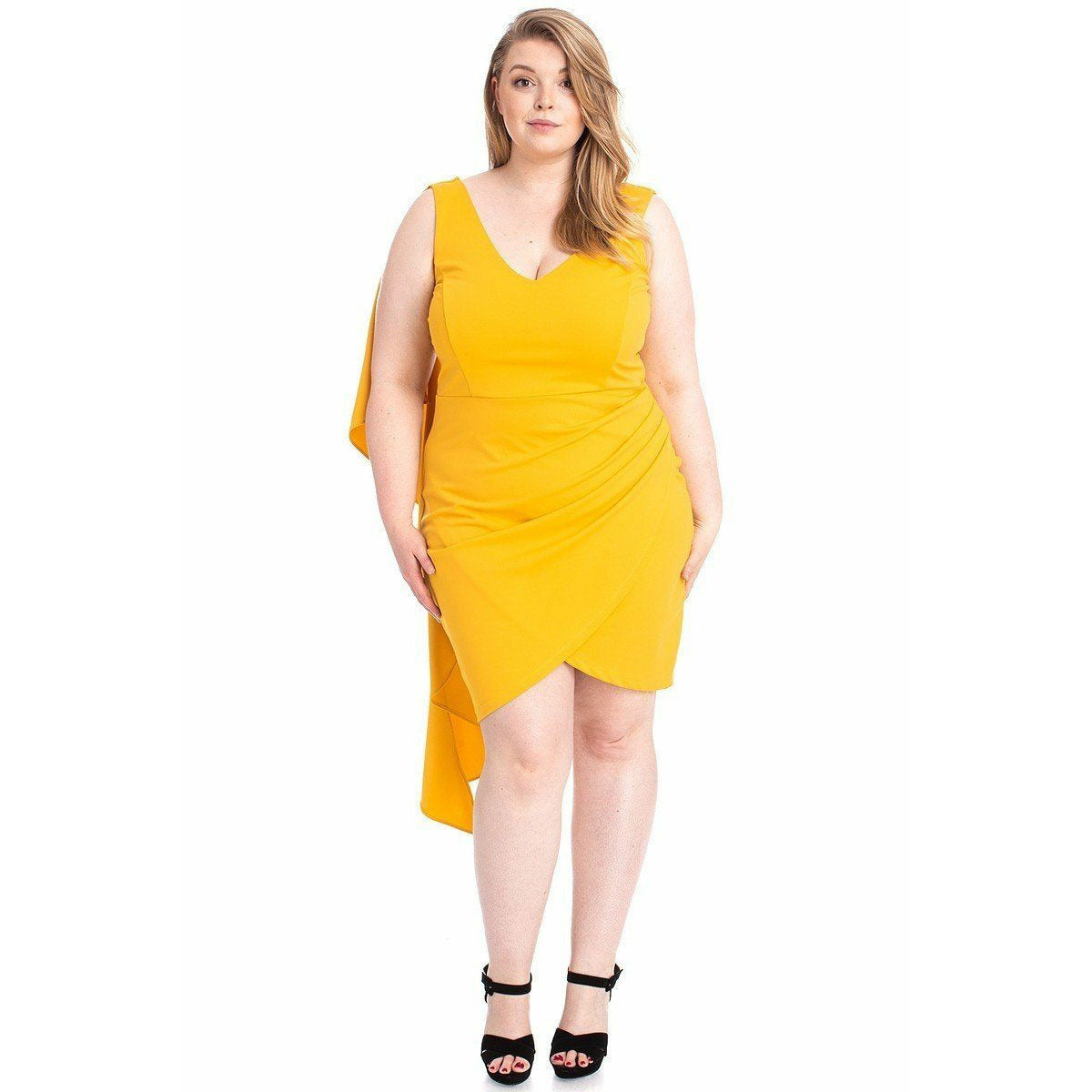 Yellow Back Shoulder Cape Plus Size Mini dress