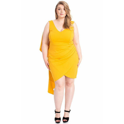 Yellow Back Shoulder Cape Plus Size Mini dress