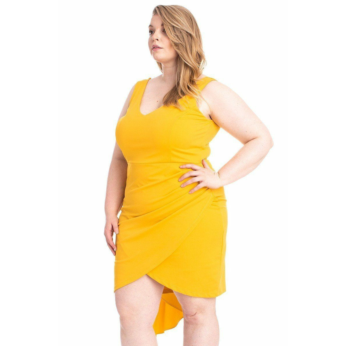 Yellow Back Shoulder Cape Plus Size Mini dress