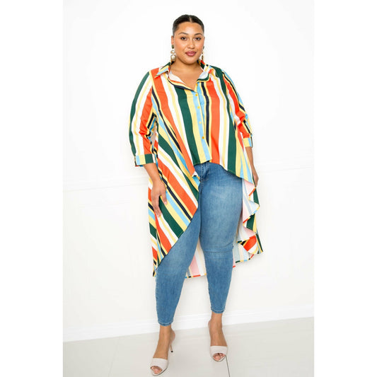 Plus-size Oversized Striped Hi Low Buttoned Shirt