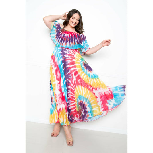 Plus Tie Dye Off Shoulder Pleated Maxi Dress (Sale)