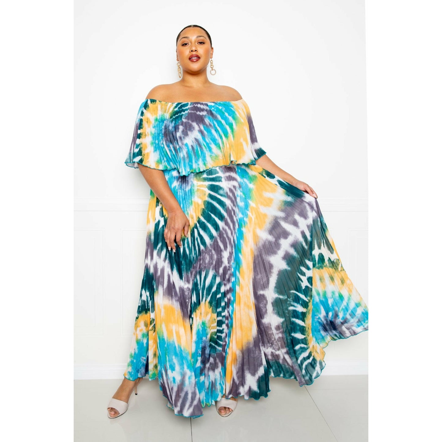 Plus Tie Dye Off Shoulder Pleated Maxi Dress(Sale)