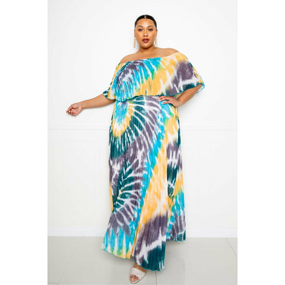 Plus Tie Dye Off Shoulder Pleated Maxi Dress(Sale)