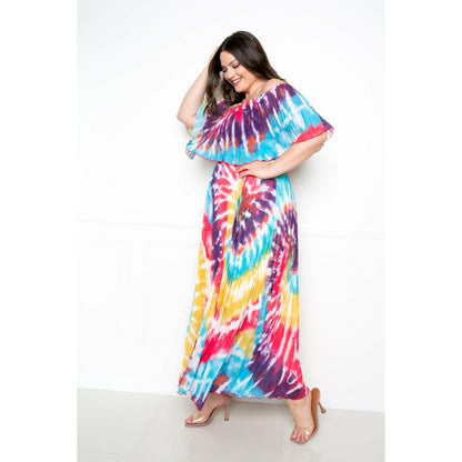 Plus Tie Dye Off Shoulder Pleated Maxi Dress (Sale)