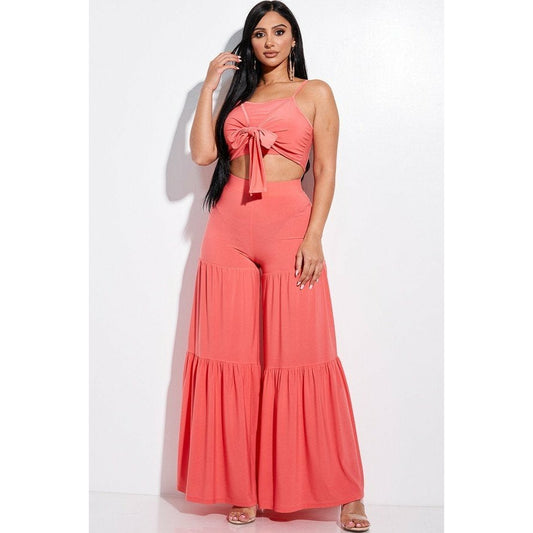 Solid Tie Front Spaghetti Strap Tank Top And Tiered Wide Leg Pants Two Piece Set