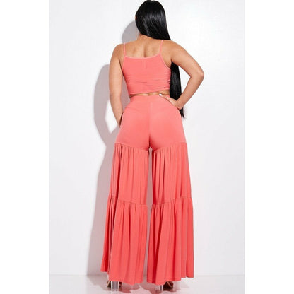 Solid Tie Front Spaghetti Strap Tank Top And Tiered Wide Leg Pants Two Piece Set