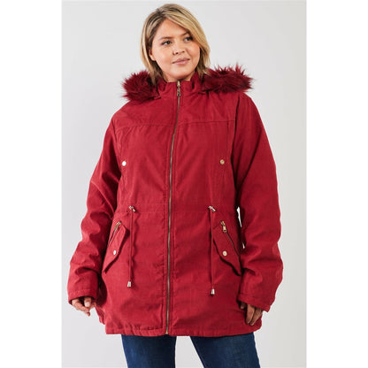 Plus Size Wine Vegan Fur Double-sided Cotton Twill Parka & Puffer Jacket