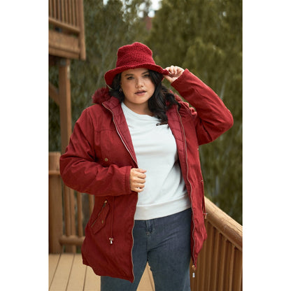 Plus Size Wine Vegan Fur Double-sided Cotton Twill Parka & Puffer Jacket