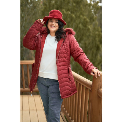 Plus Size Wine Vegan Fur Double-sided Cotton Twill Parka & Puffer Jacket