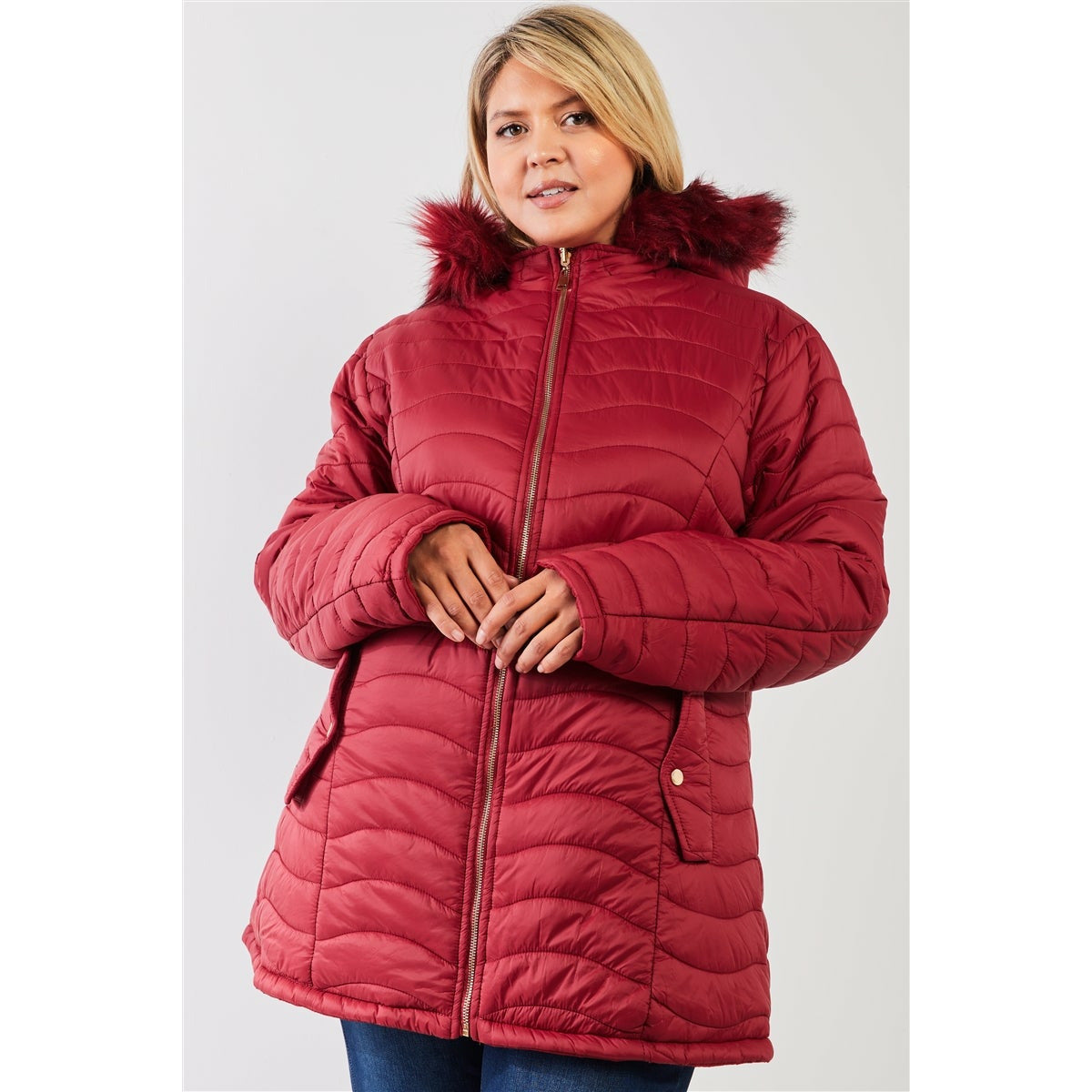 Plus Size Wine Vegan Fur Double-sided Cotton Twill Parka & Puffer Jacket