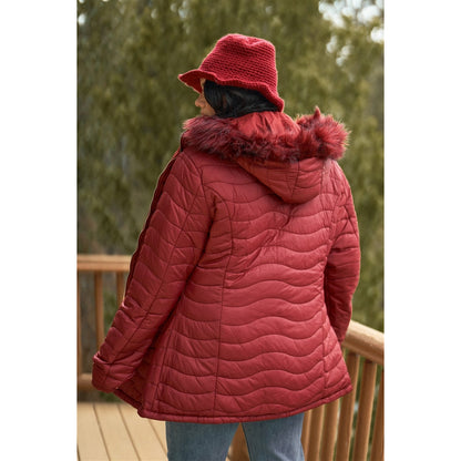 Plus Size Wine Vegan Fur Double-sided Cotton Twill Parka & Puffer Jacket