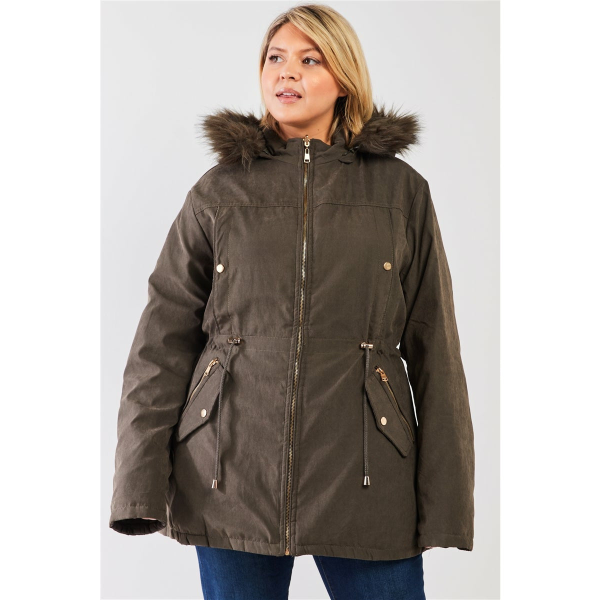 Parka et veste matelassée en sergé de coton double face en fourrure végétalienne de grande taille