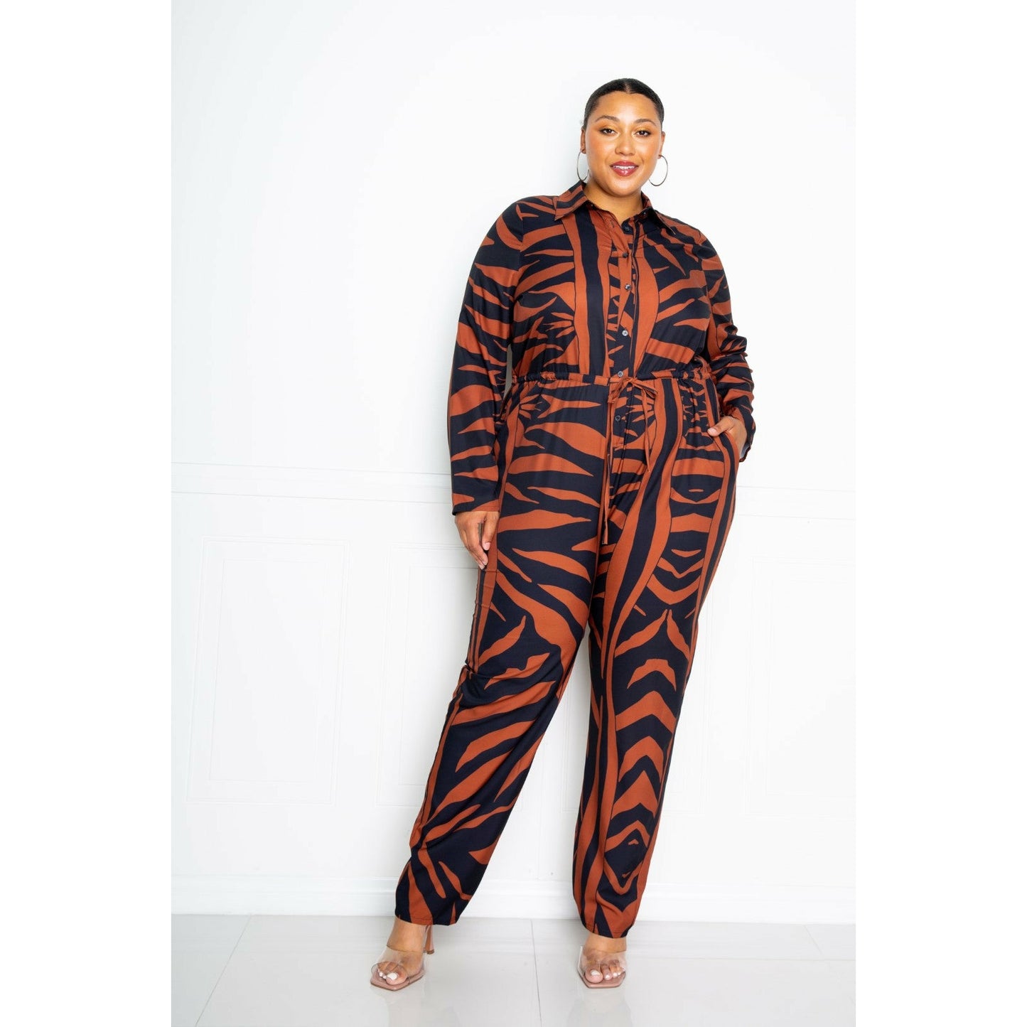 Brown Zebra Print Button Up Long Sleeve Plus-size Jumpsuit