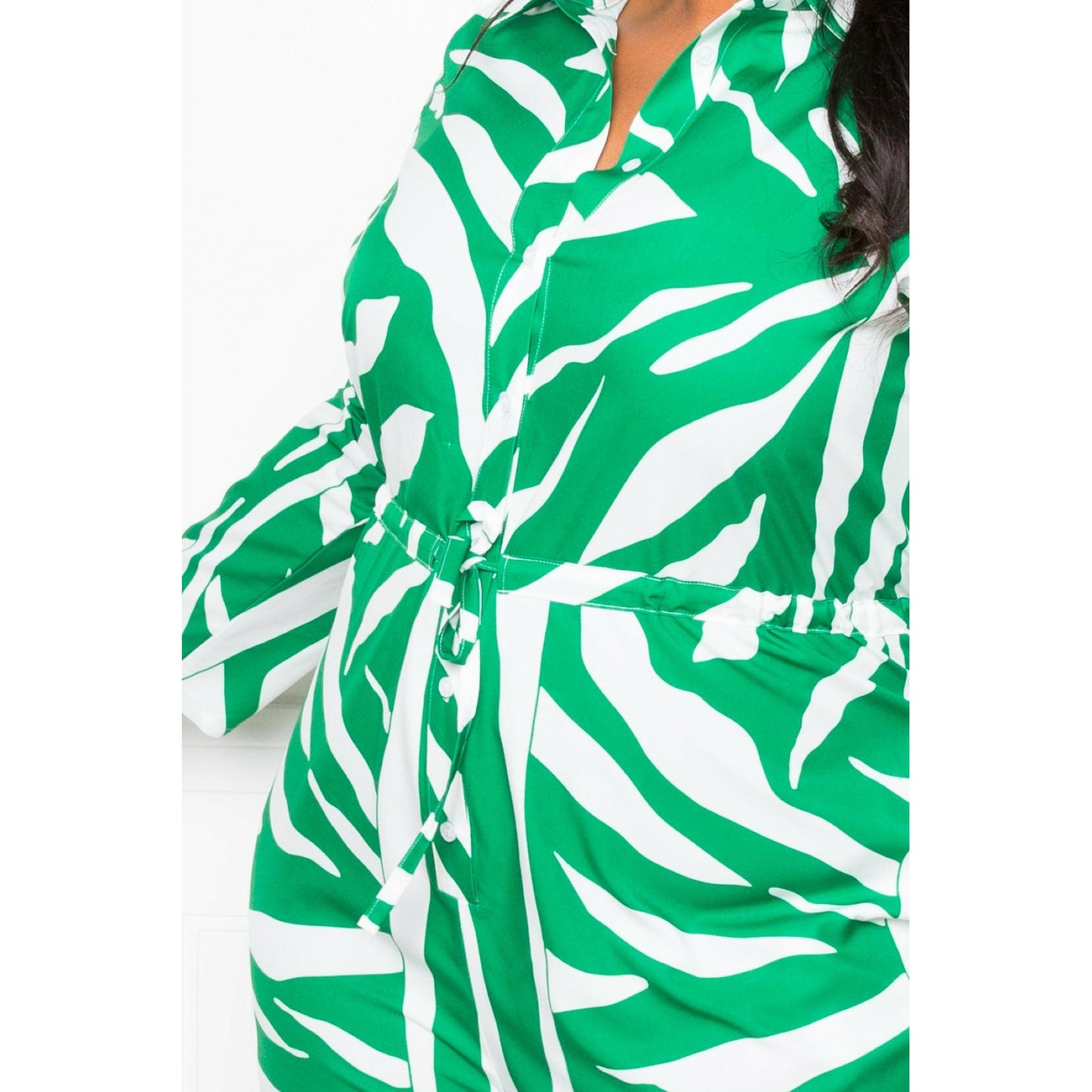 Green Zebra Print Button Up Long Sleeve Plus-size Jumpsuit