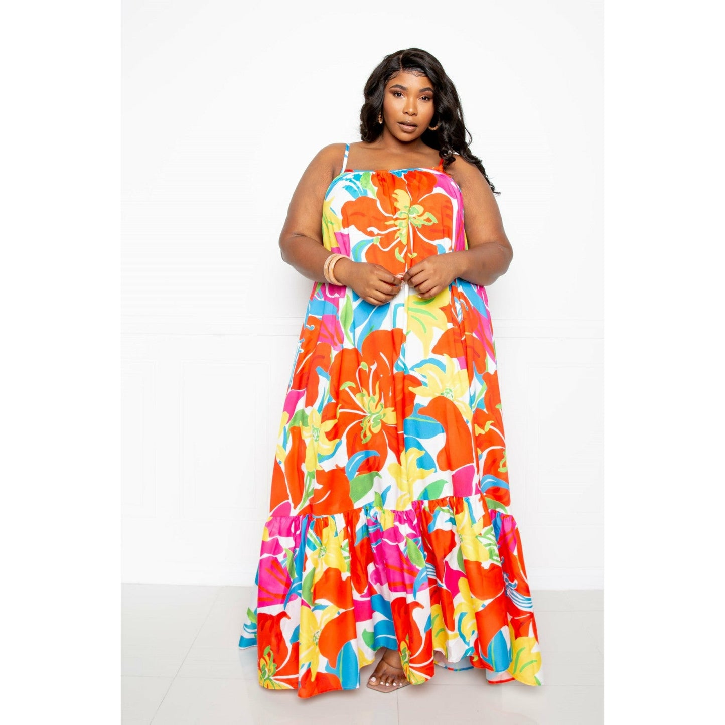 Plus-size Orange Floral Voluminous Maxi Dress